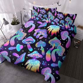 3 pcs Trippy Psychedelic Mushroom Duvet Set, Neon Rainbow Mushroom Bedding Set, Black Light Reactive Hippie Bedspread with Pillow Shams (Color: Purple, size: Full)