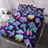 3 pcs Trippy Psychedelic Mushroom Duvet Set, Neon Rainbow Mushroom Bedding Set, Black Light Reactive Hippie Bedspread with Pillow Shams